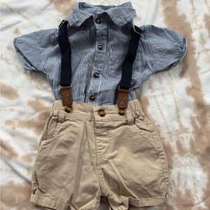 9M Striped Shirt and Tan Shorts with Suspender Set